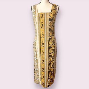 Vintage 1990s Knapp Studio Junior's 9 Gold Black Floral Cross Back Wiggle Dress